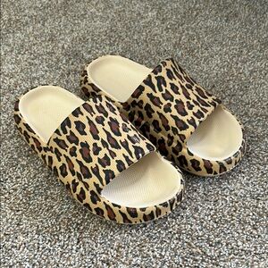 Tan and Brown Slide Sandals with Leopard Print